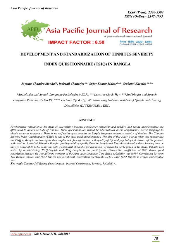 (PDF) 78 Development and Standardization of Tinnitus Severity Index ...