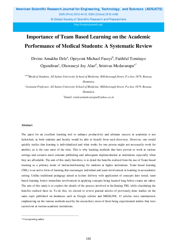 (PDF) Importance of Team Based Learning on the Academic Performance of ...