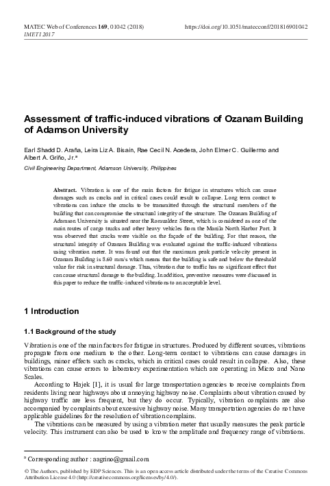 (PDF) Assessment of traffic-induced vibrations of Ozanam Building of ...
