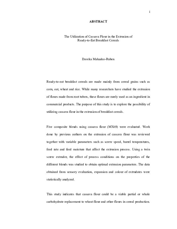 (PDF) The utilization of cassava flour in the extrusion of ready-to-eat ...