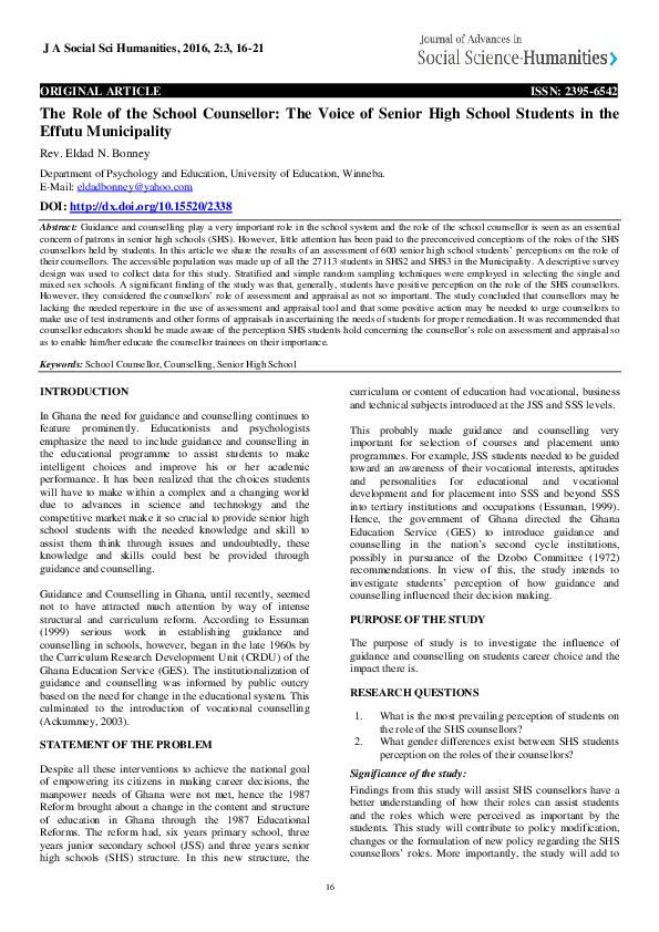 (PDF) The Role of the School Counsellor The Voice of Senior High