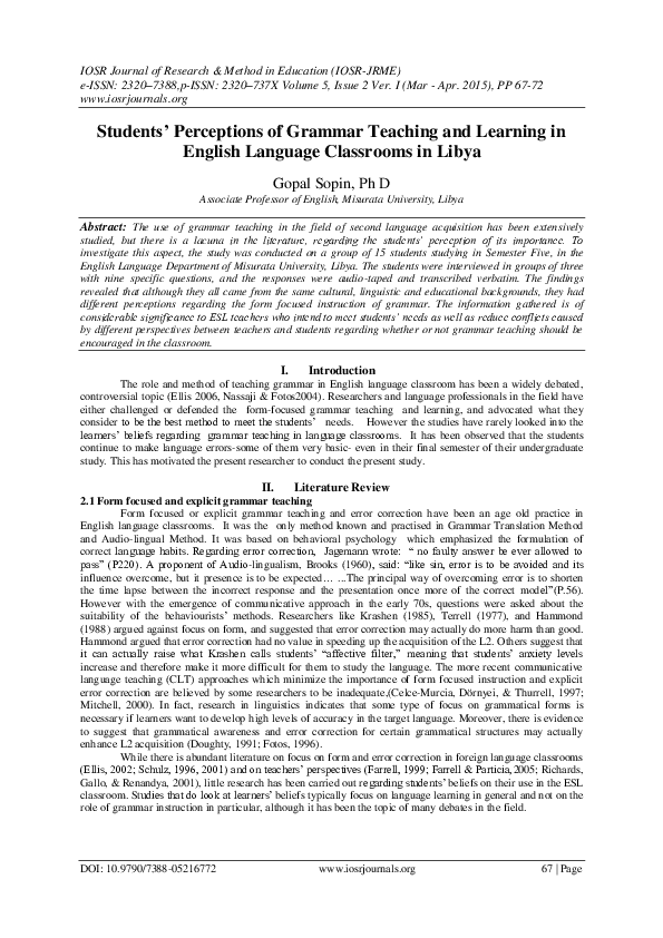 (PDF) Students' Perceptions of Grammar Teaching and Learning in English ...