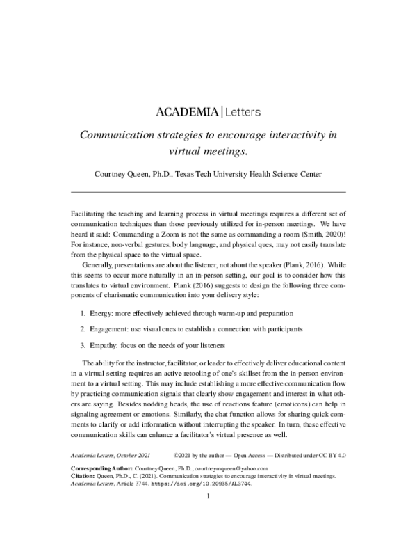 (PDF) Communication strategies to encourage interactivity in virtual ...