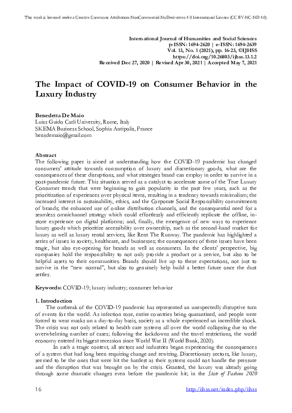 (PDF) The Impact of COVID-19 on Consumer Behavior in the Luxury Industry