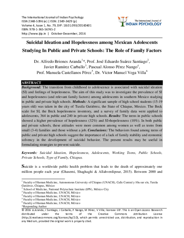 (PDF) Suicidal Ideation and Hopelessness among Mexican Adolescents ...