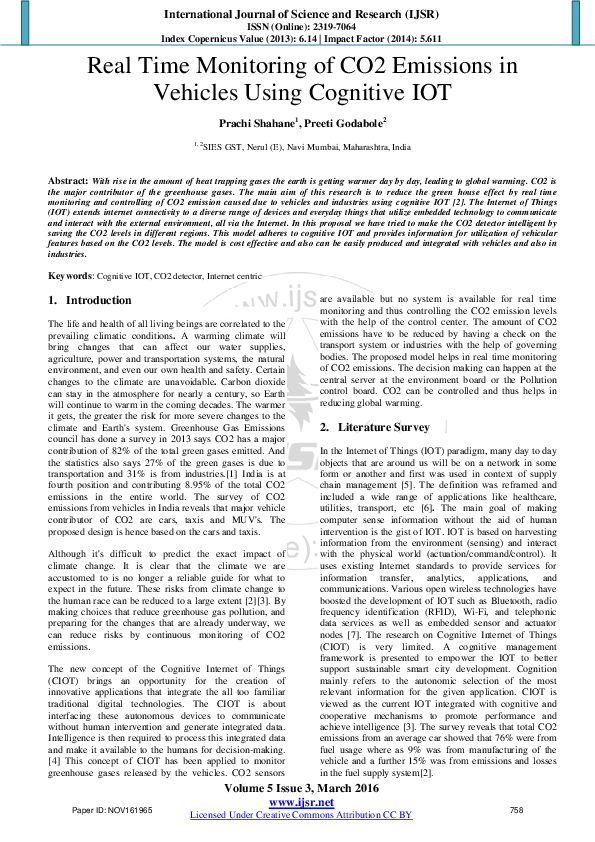 (PDF) Real Time Monitoring of CO2 Emissions in Vehicles Using Cognitive IOT