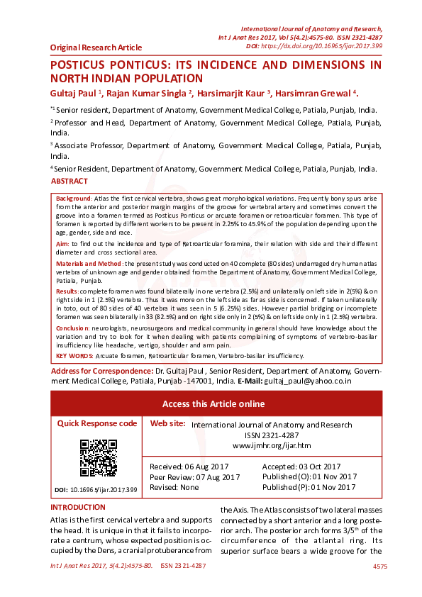 (PDF) Posticus Ponticus: Its Incidence and Dimensions in North Indian ...