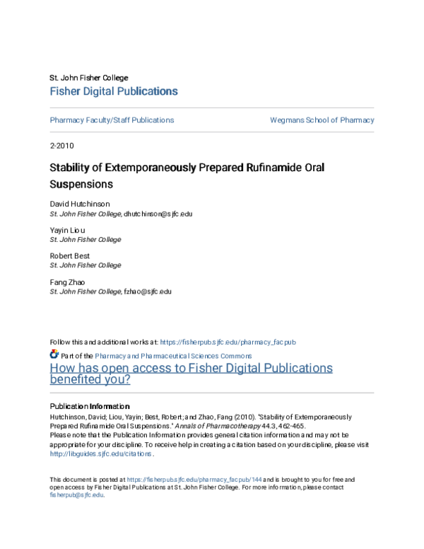 (PDF) Stability of extemporaneously prepared rufinamide oral