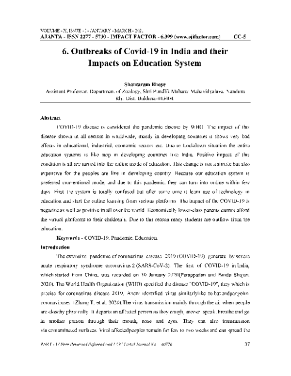 (PDF) OUTBREAKS OF COVID-19 IN INDIA AND THEIR IMPACTS ON EDUCATION SYSTEM