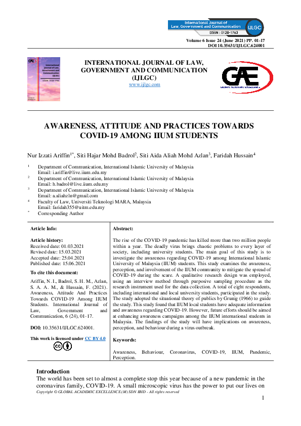 (PDF) Awareness, Attitude and Practices Towards COVID-19 Among Iium ...