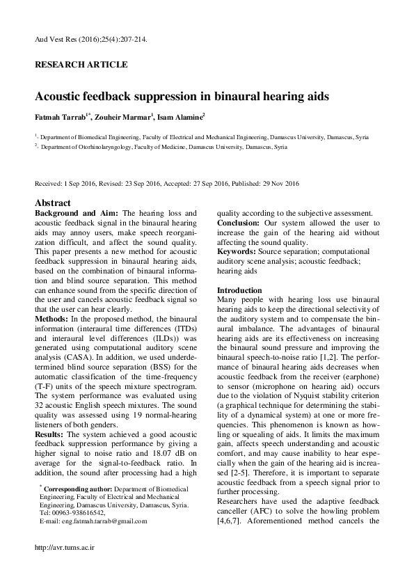 (PDF) Acoustic feedback suppression in binaural hearing aids