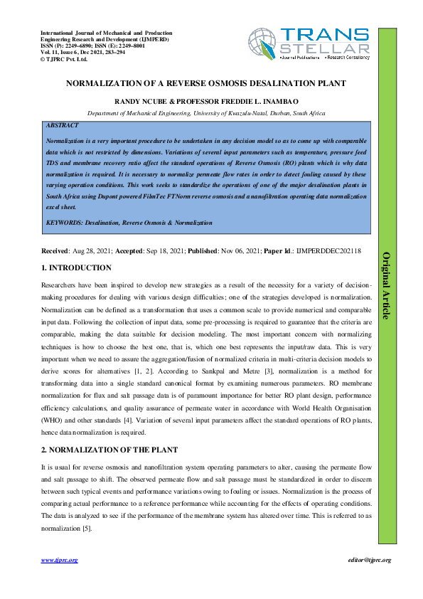 (PDF) Normalization of a Reverse Osmosis Desalination Plant