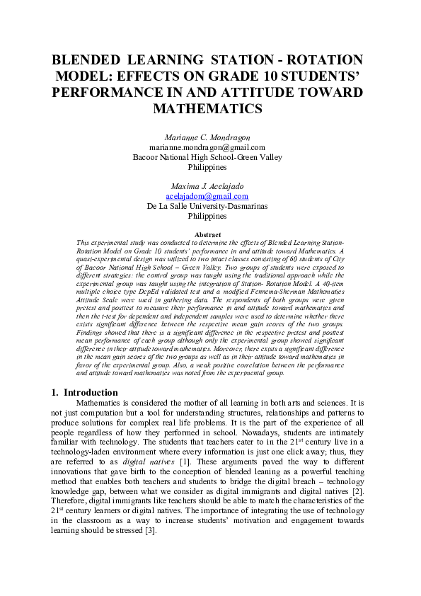 (PDF) Blended Learning Station-Rotation Model : Effects on Grade 10 ...