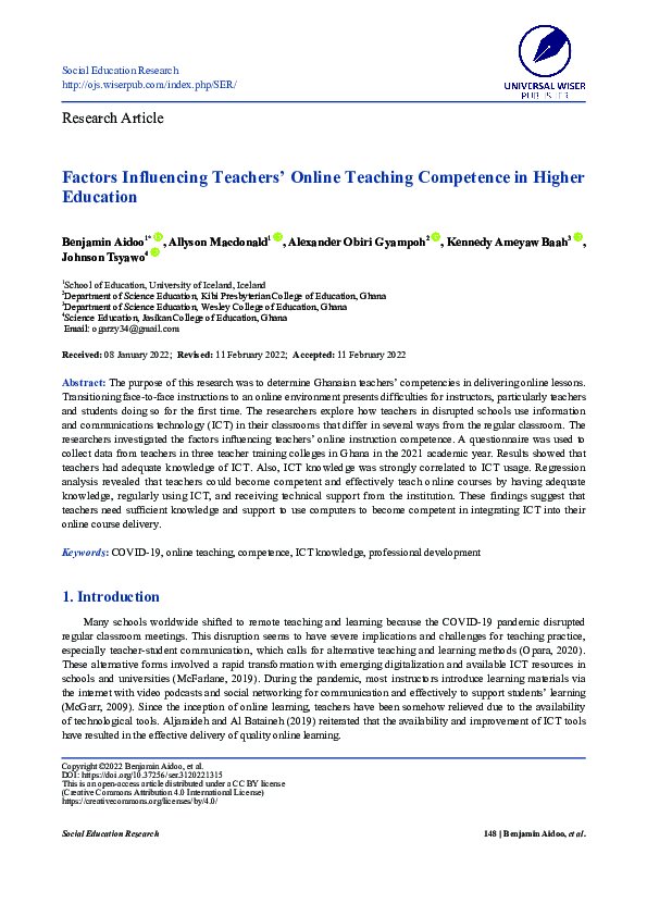 (PDF) Factors Influencing Teachers' Online Teaching Competence in ...