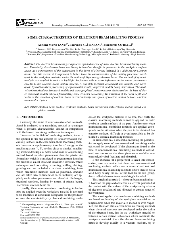 (PDF) Some Characteristics of Electron Beam Melting Process