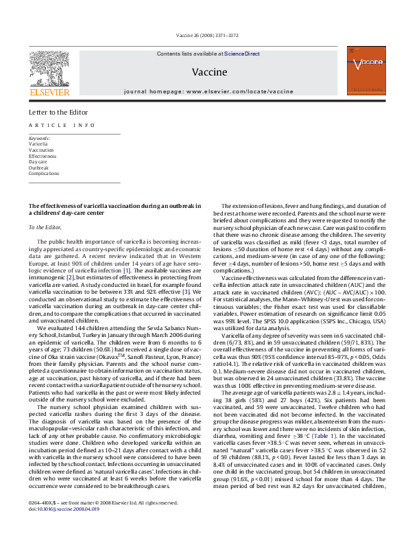 (PDF) The Effectiveness of Varicella Vaccination During An Outbreak In ...