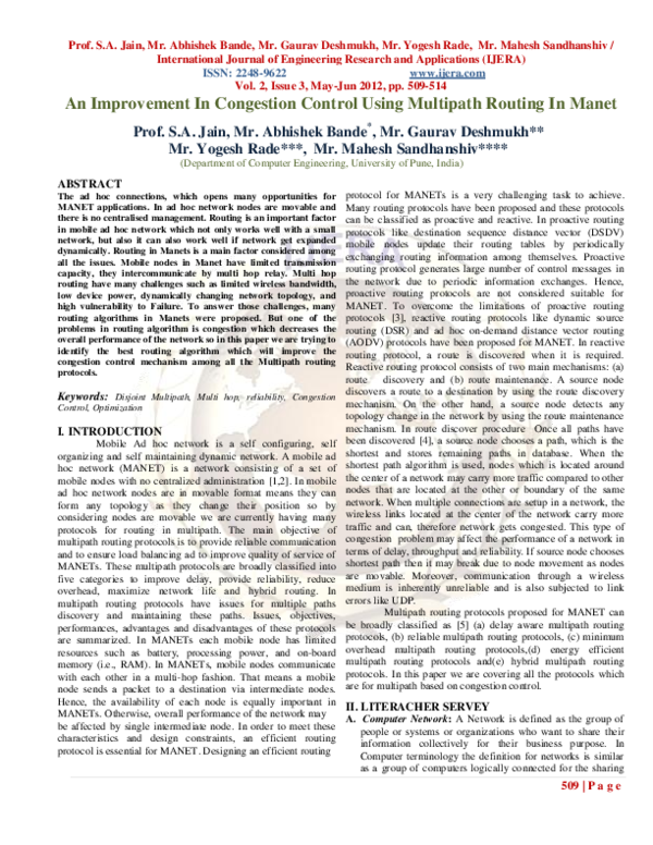 (PDF) An Improvement In Congestion Control Using Multipath Routing In Manet