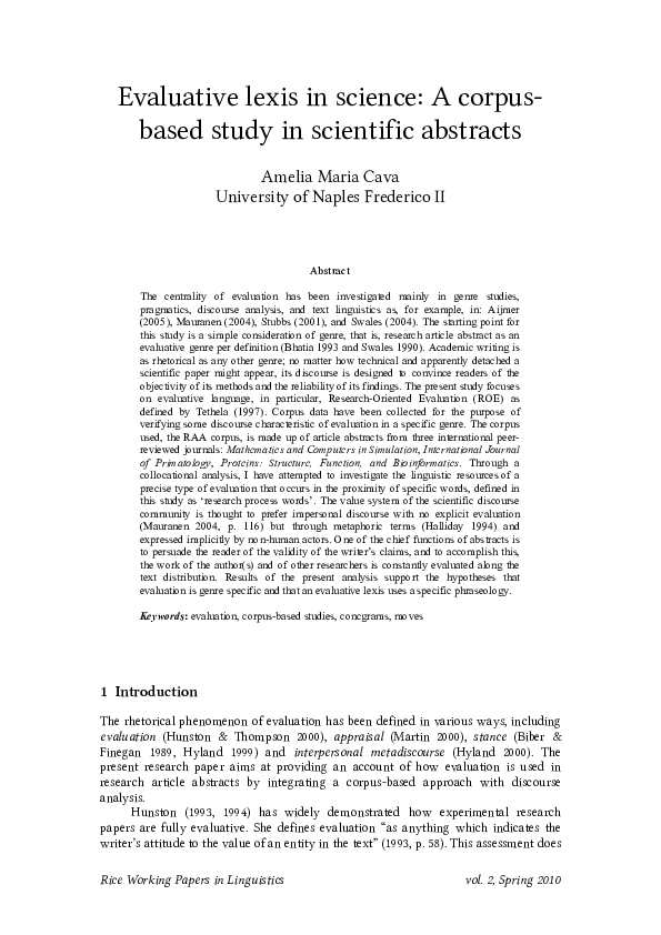 (PDF) Evaluative lexis in science: A corpus- based study in scientific ...