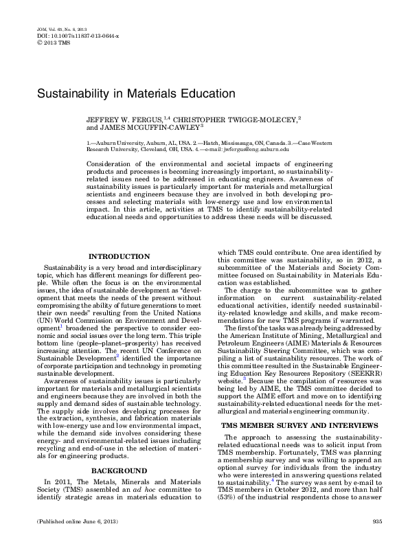 Pdf Sustainability In Materials Education