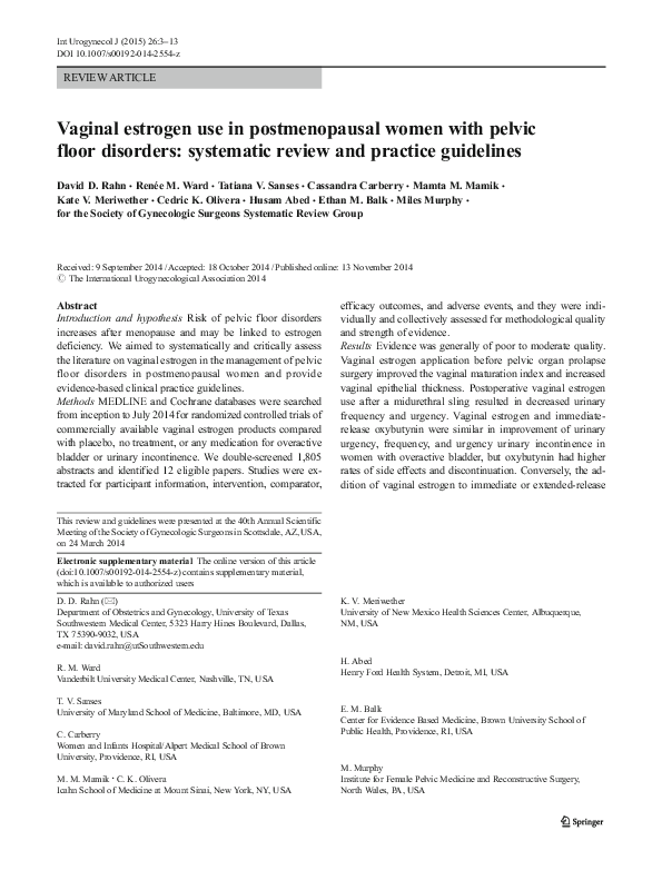 (PDF) Vaginal estrogen use in postmenopausal women with pelvic floor