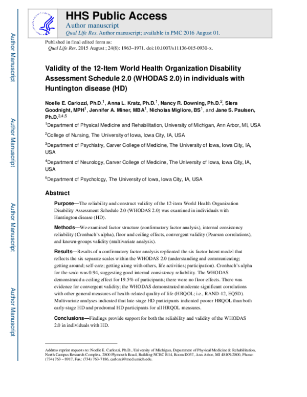 (PDF) Validity of the 12-item World Health Organization Disability ...