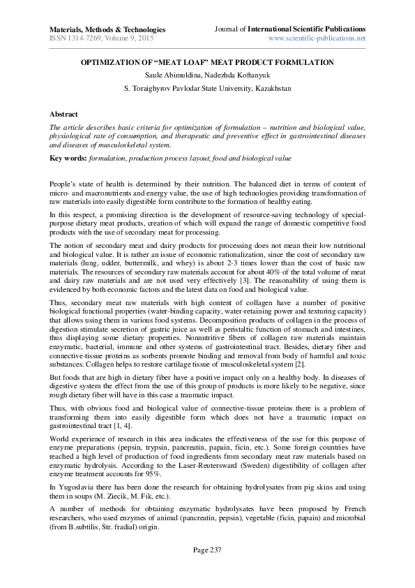 (PDF) Optimization of “Meat Loaf” Meat Product Formulation