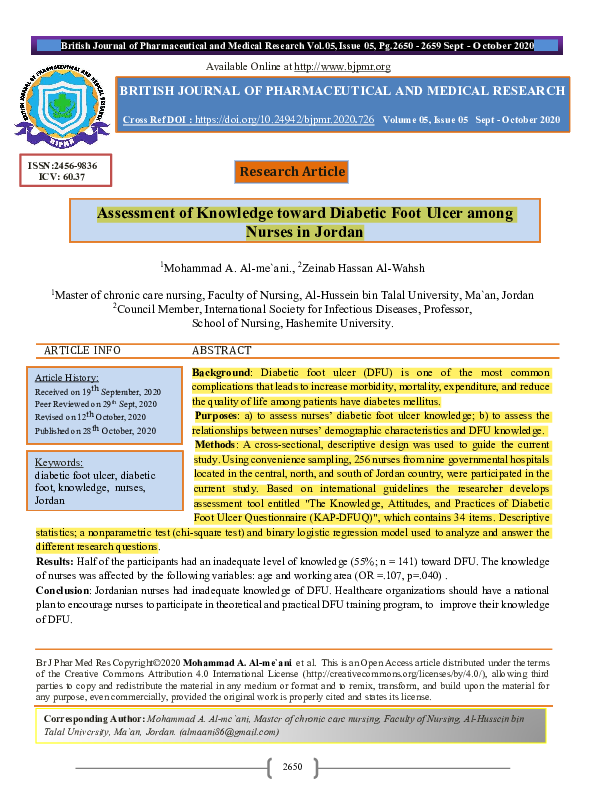 (PDF) Assessment of Knowledge toward Diabetic Foot Ulcer among Nurses ...