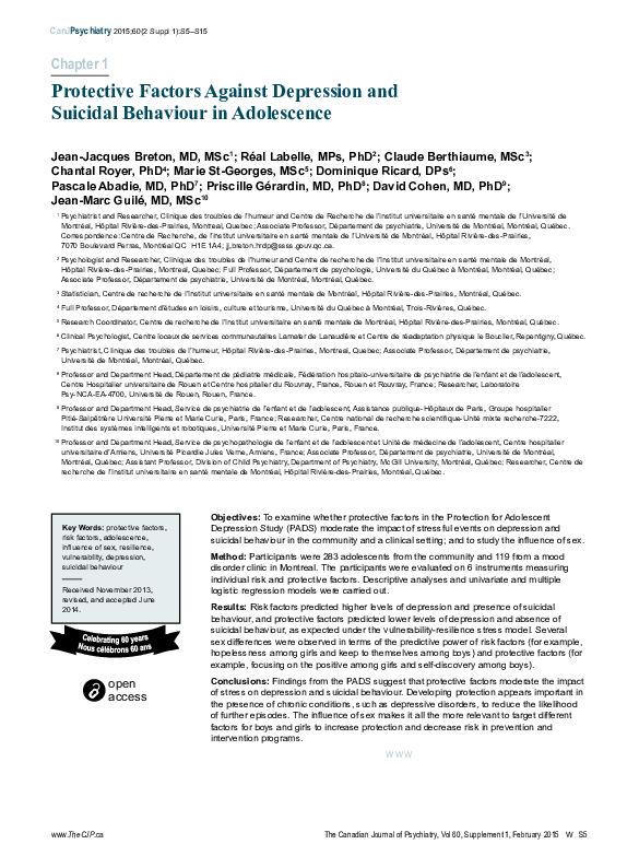 (PDF) Protective factors against depression and suicidal behaviour in ...