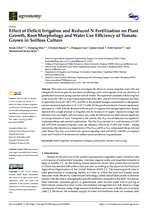 (PDF) Effect of Deficit Irrigation and Reduced N Fertilization on Plant ...