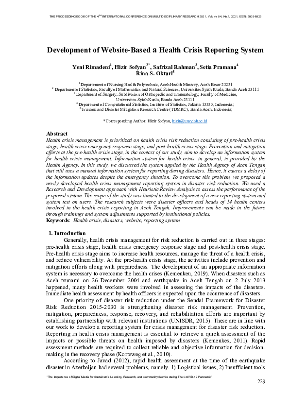 (PDF) Development of Website-Based a Health Crisis Reporting System