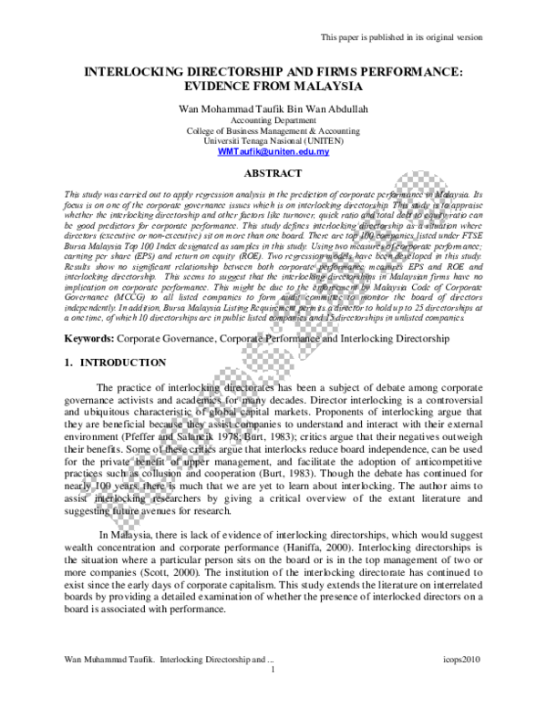 (PDF) Interlocking Directorship and Firms Performance Evidence from