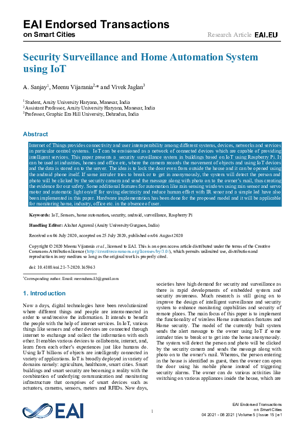 (PDF) Security Surveillance and Home Automation System using IoT