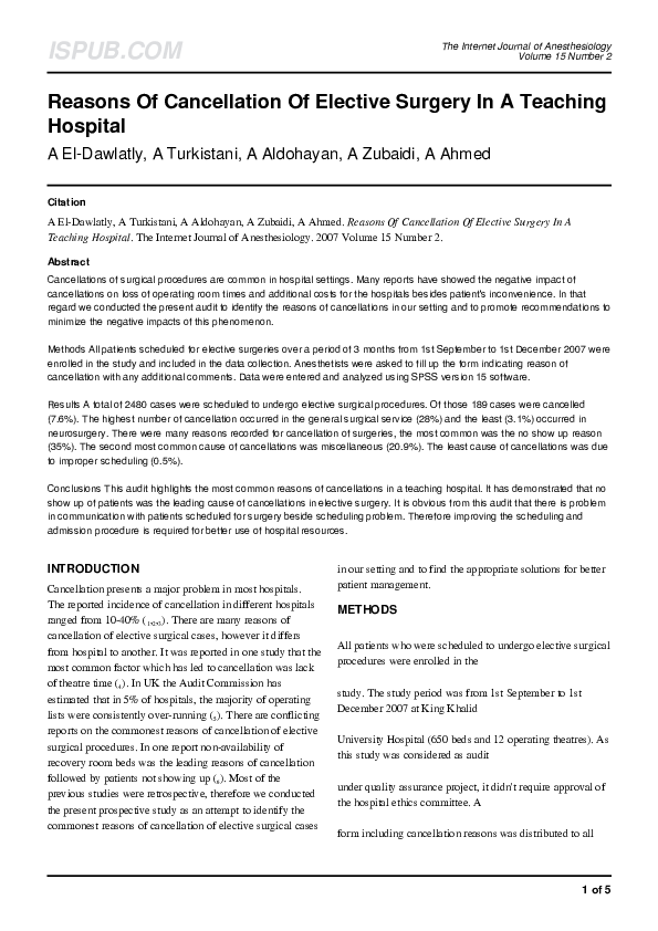 (PDF) Reasons Of Cancellation Of Elective Surgery In A Teaching Hospital