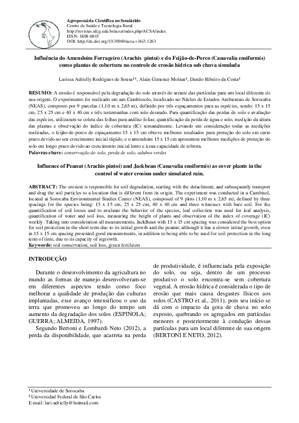 Influência do Amendoim Forrageiro (Arachis pintoi) e do Feijão-de-Porco (Canavalia ensiformis) como plantas de cobertura no controle de erosão hídrica sob chuva simulada
