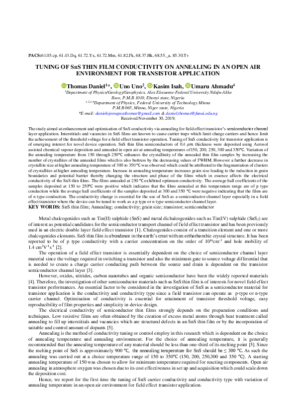 (PDF) TUNING OF SnS THIN FILM CONDUCTIVITY ON ANNEALING IN AN OPEN AIR ...