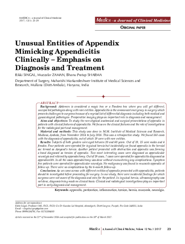 (PDF) Unusual Entities of Appendix Mimicking Appendicitis Clinically ...