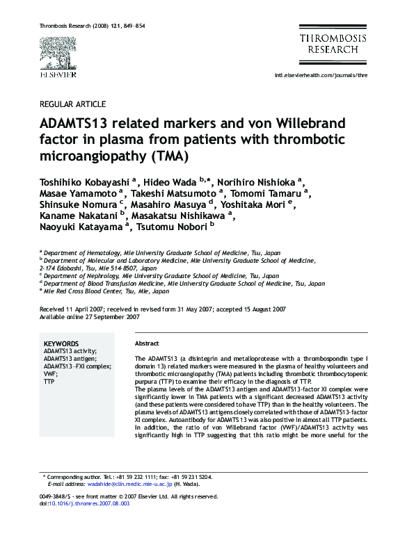 (PDF) ADAMTS13 related markers and von Willebrand factor in plasma from ...