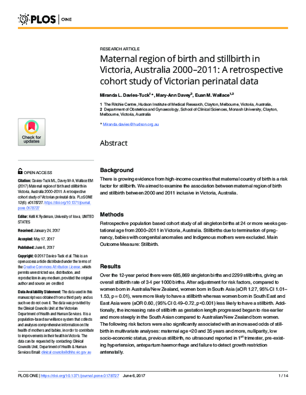 (PDF) Maternal region of birth and stillbirth in Victoria, Australia ...