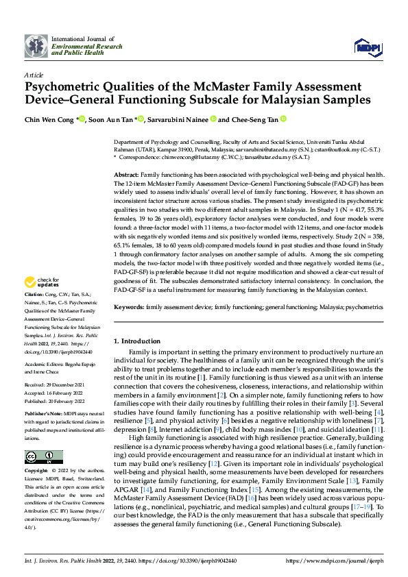 PDF Psychometric Qualities Of The McMaster Family Assessment Device 