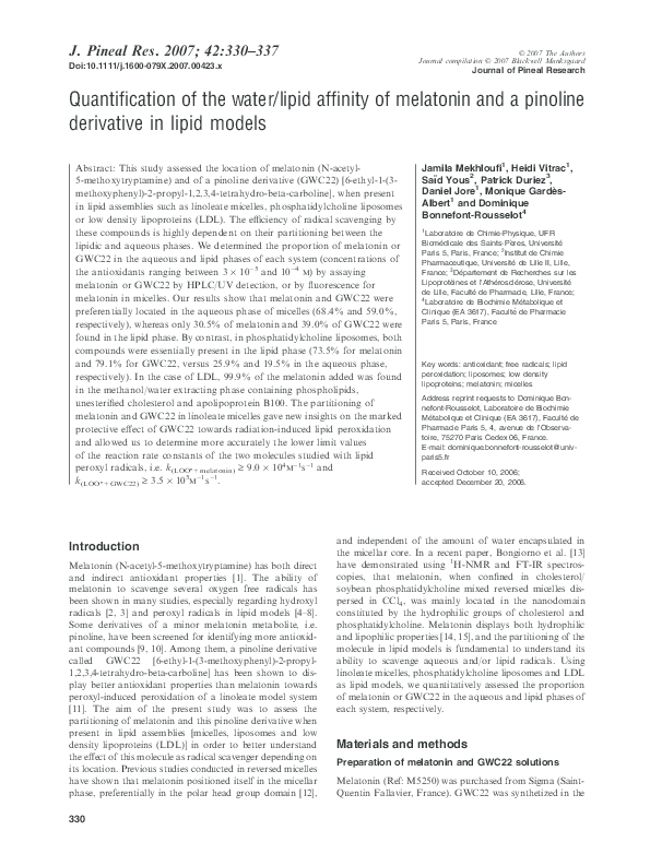 (PDF) Quantification of the water/lipid affinity of melatonin and a ...