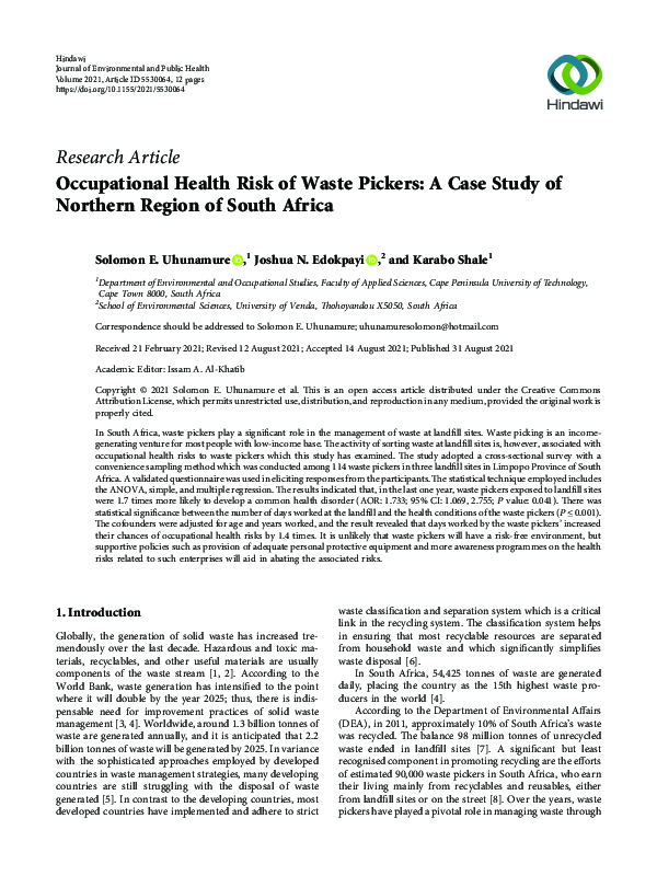 (PDF) Occupational Health Risk of Waste Pickers A Case Study of