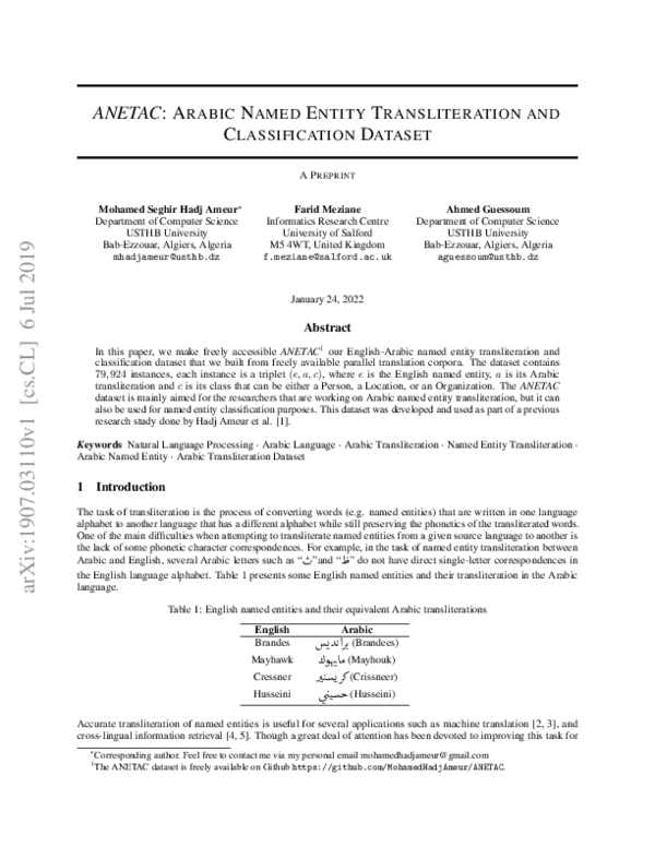 (PDF) ANETAC: Arabic Named Entity Transliteration and Classification ...