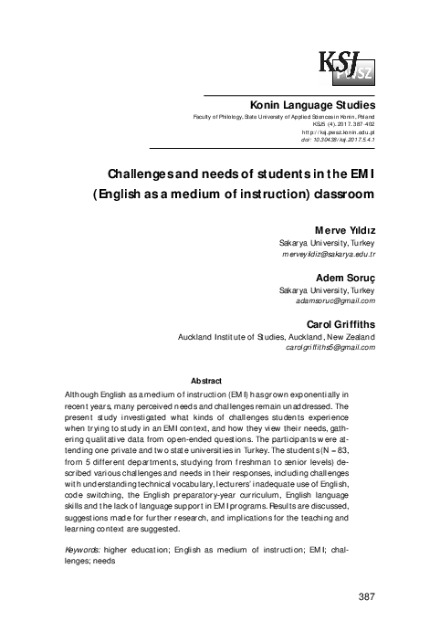 (PDF) Challenges and needs of students in the EMI (English as a medium ...