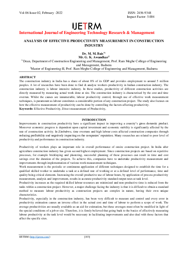 (PDF) ANALYSIS OF EFFECTIVE PRODUCTIVITY MEASUREMENT IN CONSTRUCTION ...