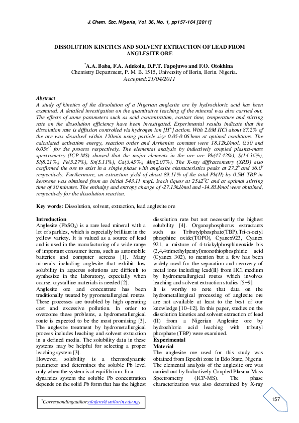 (PDF) Dissolution Kinetics and Solvent Extraction of Lead From ...