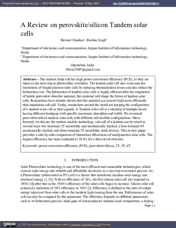 (PDF) A Review on Perovskite/Silicon Tandem Solar Cells