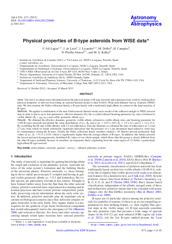 (PDF) Physical properties of B-type asteroids from WISE data