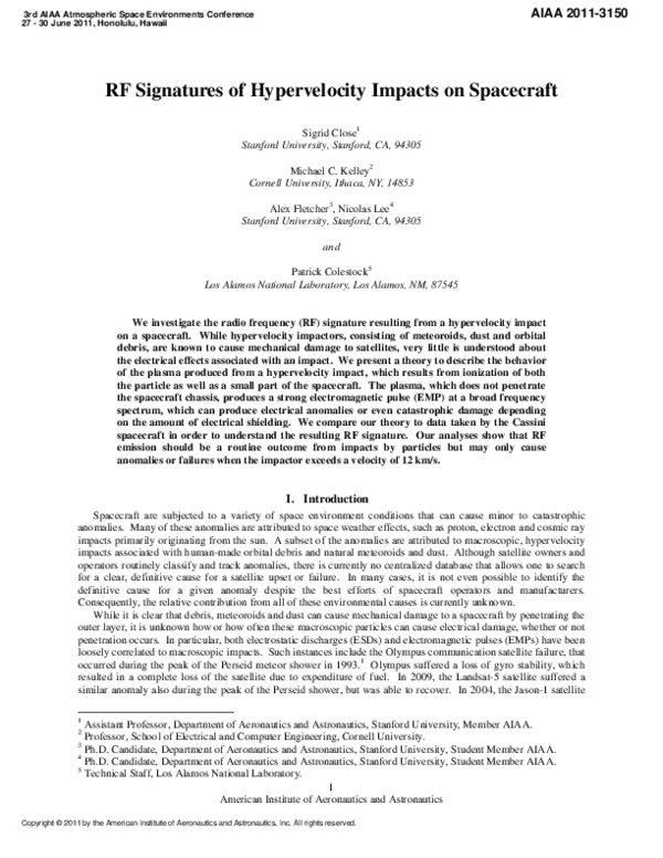 (PDF) RF Signatures of Hypervelocity Impacts on Spacecraft Michael