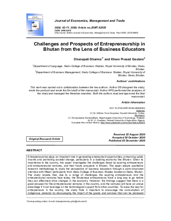 (PDF) Challenges and Prospects of Entrepreneurship in Bhutan from the ...
