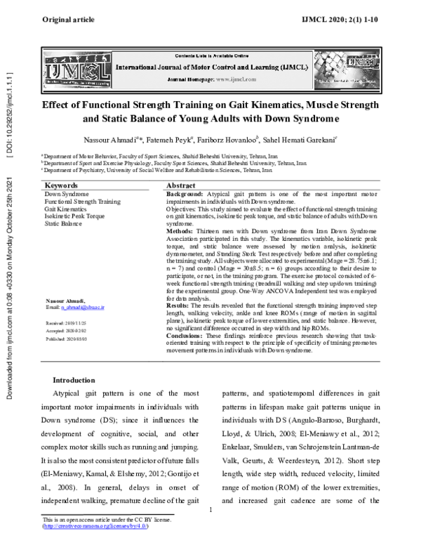 Effect of Functional Strength Training on Gait Kinematics, Muscle Strength and Static Balance of Young Adults with Down Syndrome